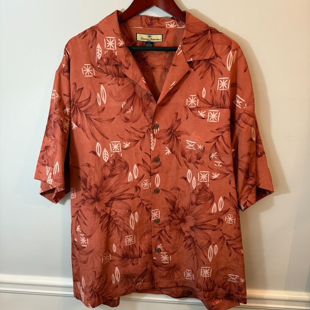 Tommy Bahama Silk Hawaiian Shirt XL Vacation Coastal‎ beach orange rust floral